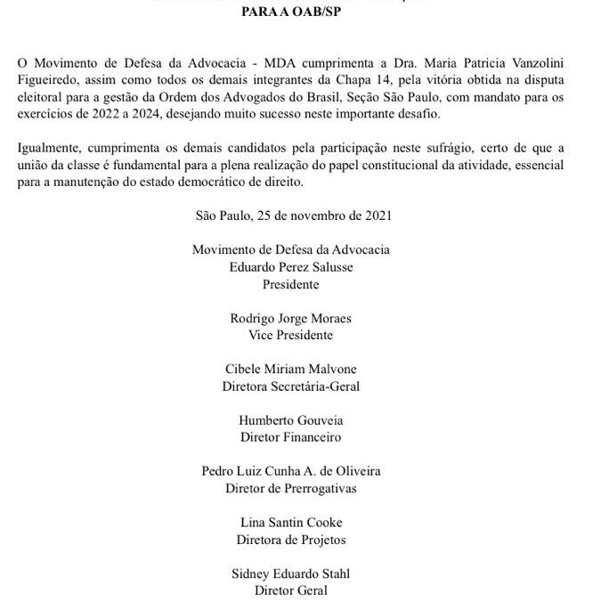 Nota de Cumprimento pela eleição para a OAB/SP